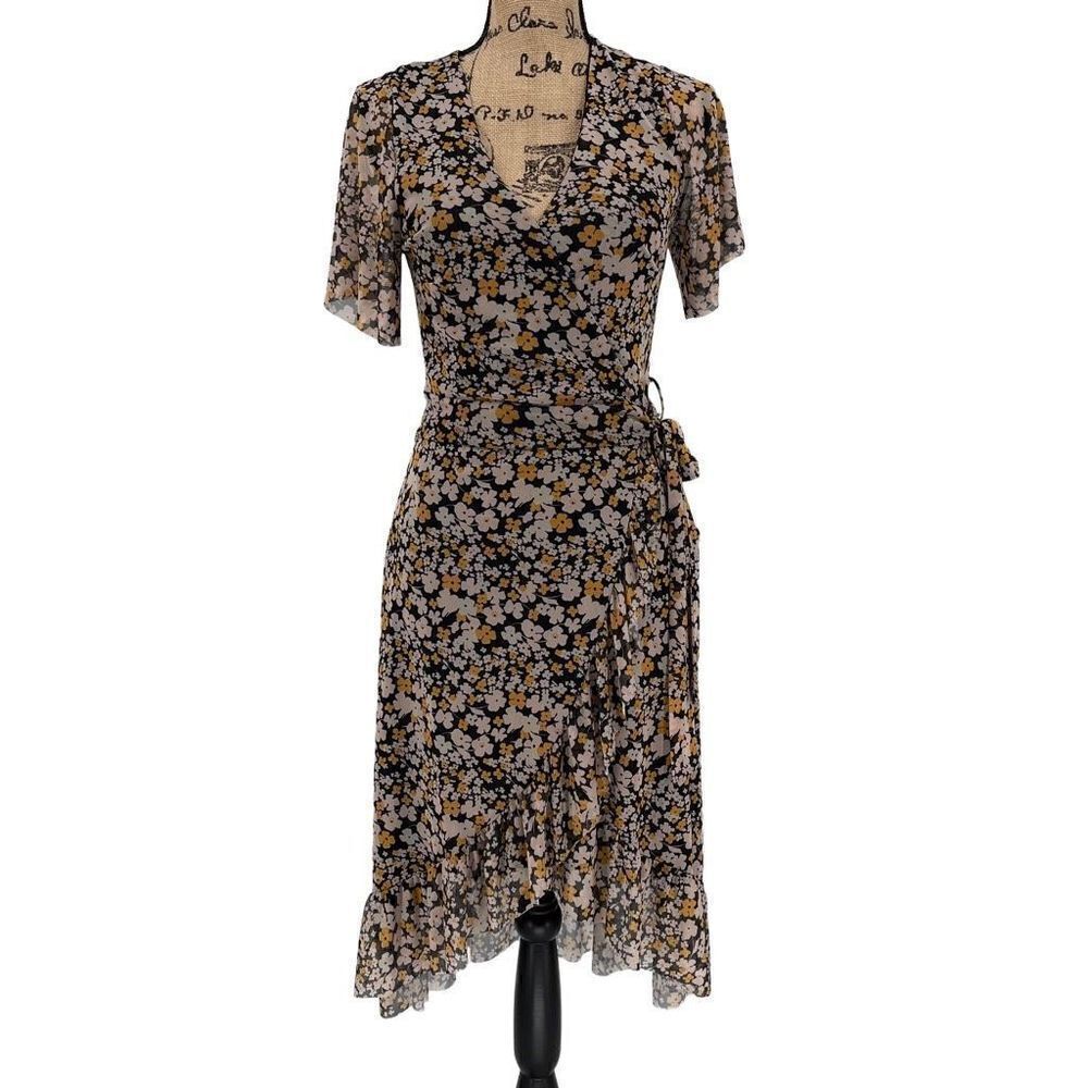 Soaked In Luxury Short Sleeve Iona Una Midi Wrap‎ Dress Floral Women XS Yellow